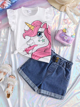 Young Girl Unicorn Printed Ruffle Hem Top And Denim Shorts For Summer